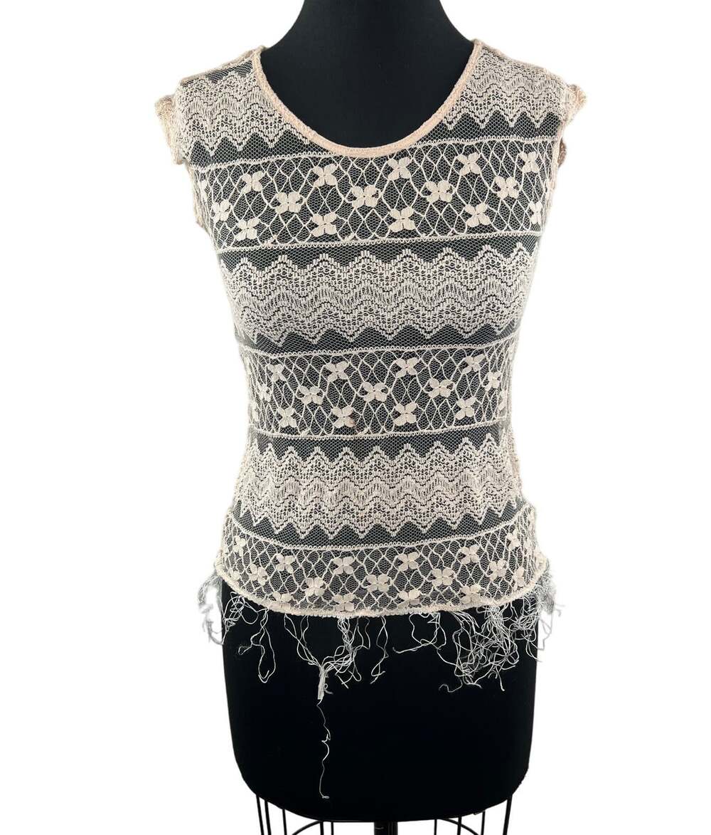 Ella Moss Off White Fringe Sheer Over Lay Top Tank Top Sleeveless Size 14 Kid XS